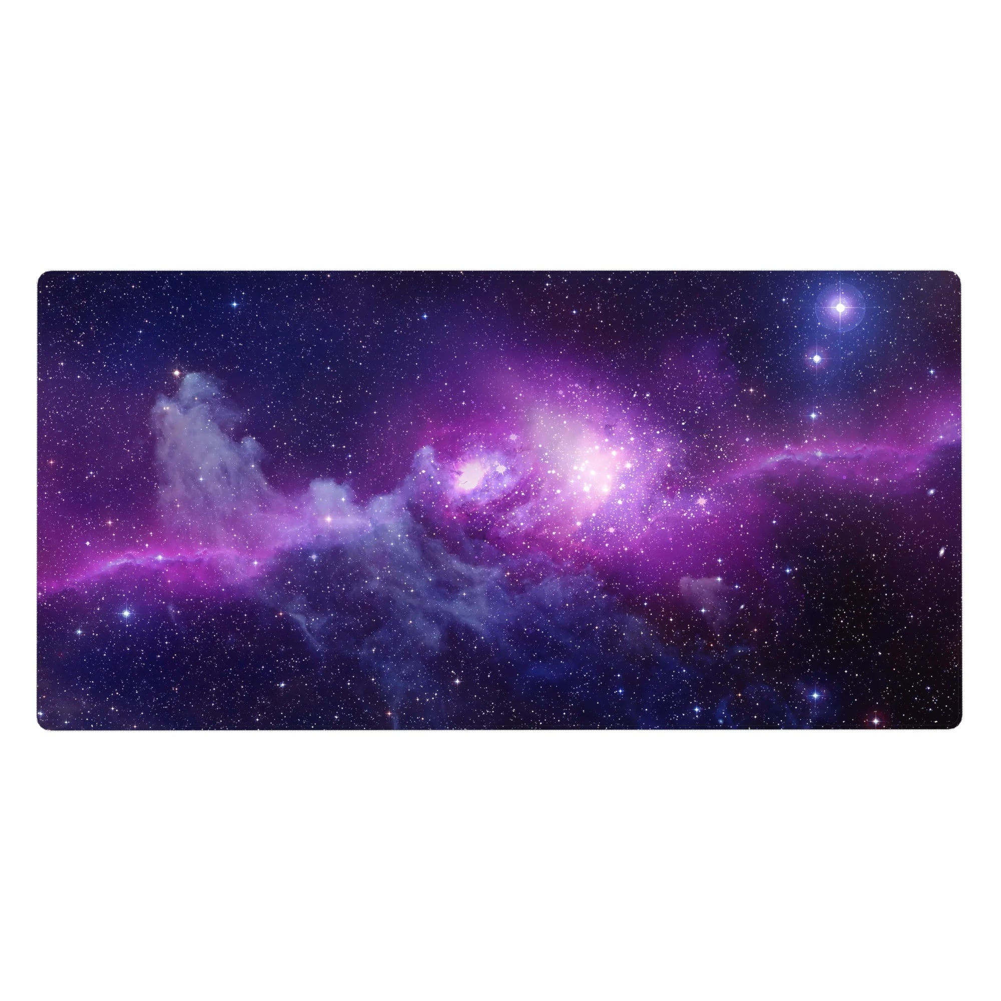 Violet galaxy desk pad 40x20 inches with swirling nebula gradient and subtle star-speck details.
