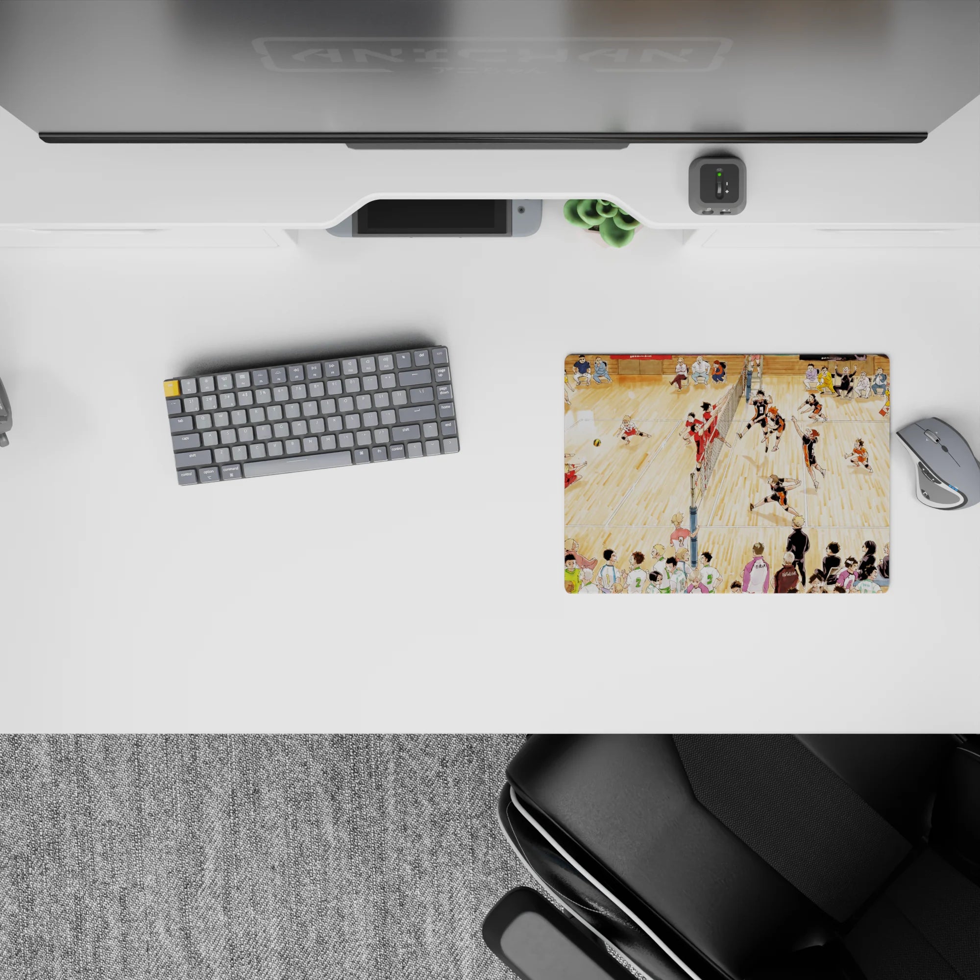 Warm gym-lit anime mouse pad 14x10 inches, orange-black vs red teams, sweaty tournament energy.