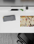 Warm gym-lit anime mouse pad 14x10 inches, orange-black vs red teams, sweaty tournament energy.