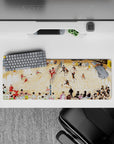 32x12 inches anime mouse pad in warm gym lighting, black-orange vs red jerseys, loud tournament vibe.