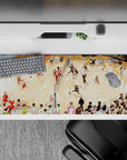 36x16 inches anime desk pad in warm gym light, black-orange vs red jerseys, loud tournament vibe, smooth glide.