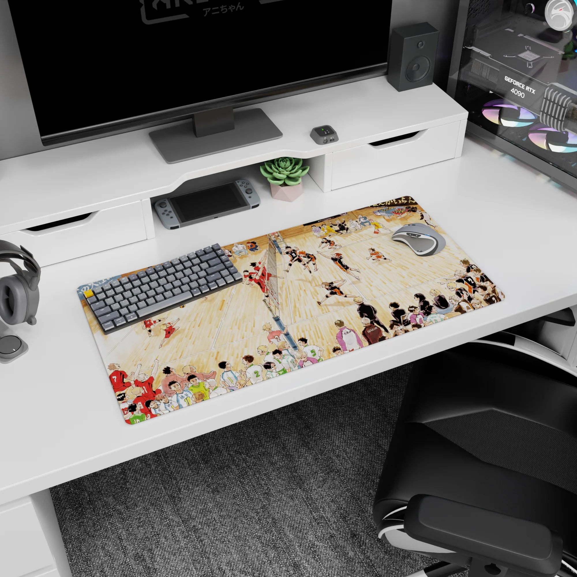 32x16 inches anime mouse pad featuring players frozen mid-jump for a spike over the net on polished court.