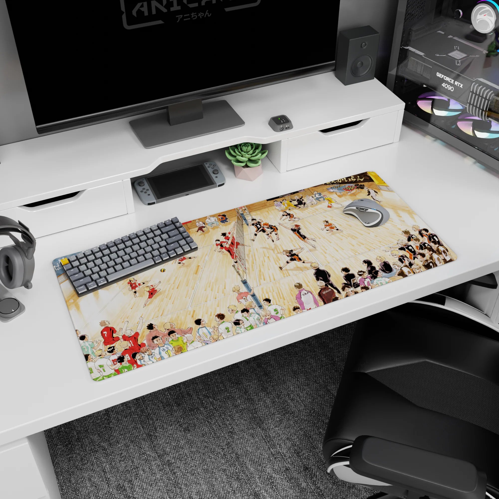36x16 inches anime desk pad featuring a black-and-orange spiker mid-air over the net as red defenders scramble.