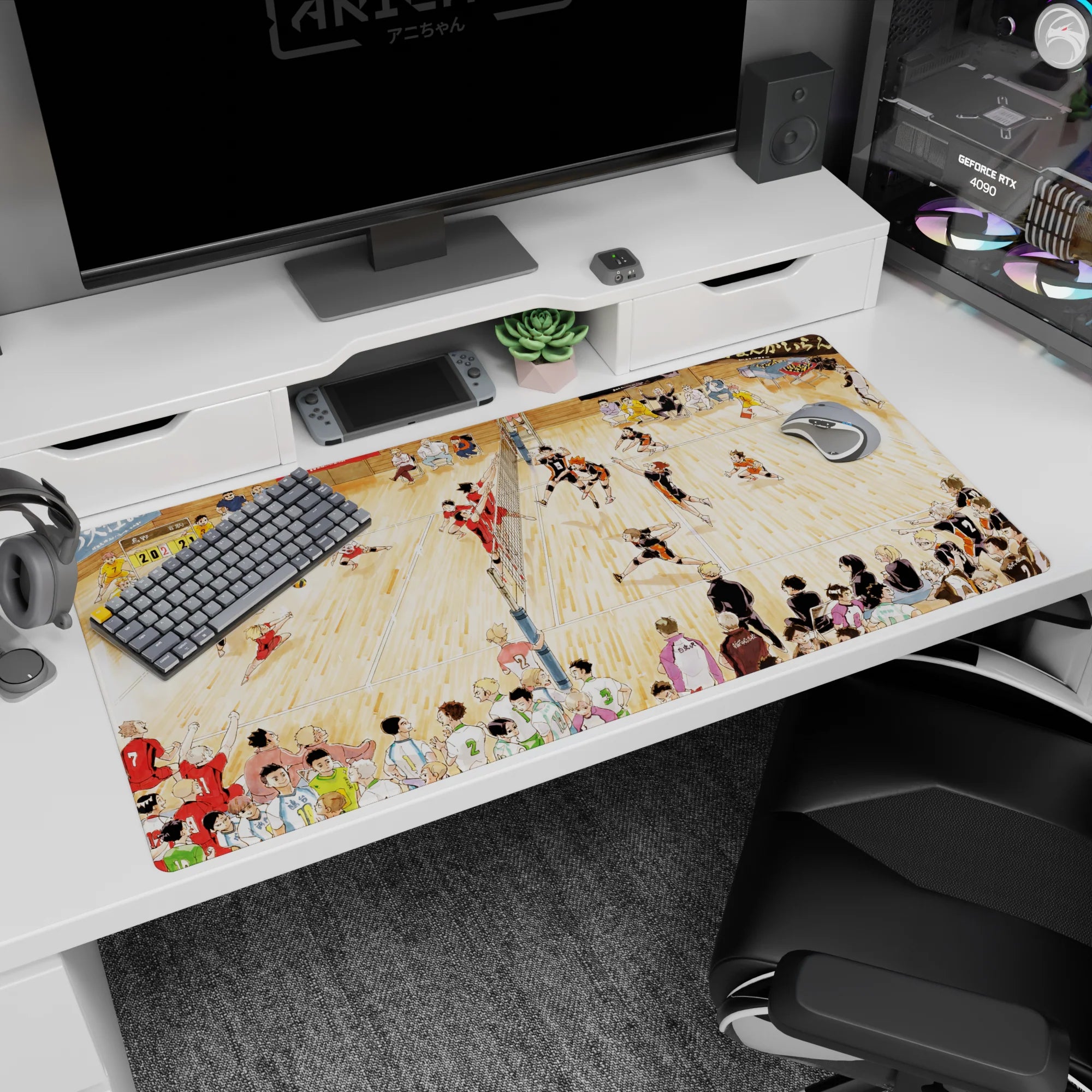 40x20 inches anime desk pad showing black-and-orange spiker mid-jump over net as red team scrambles, 20–21.
