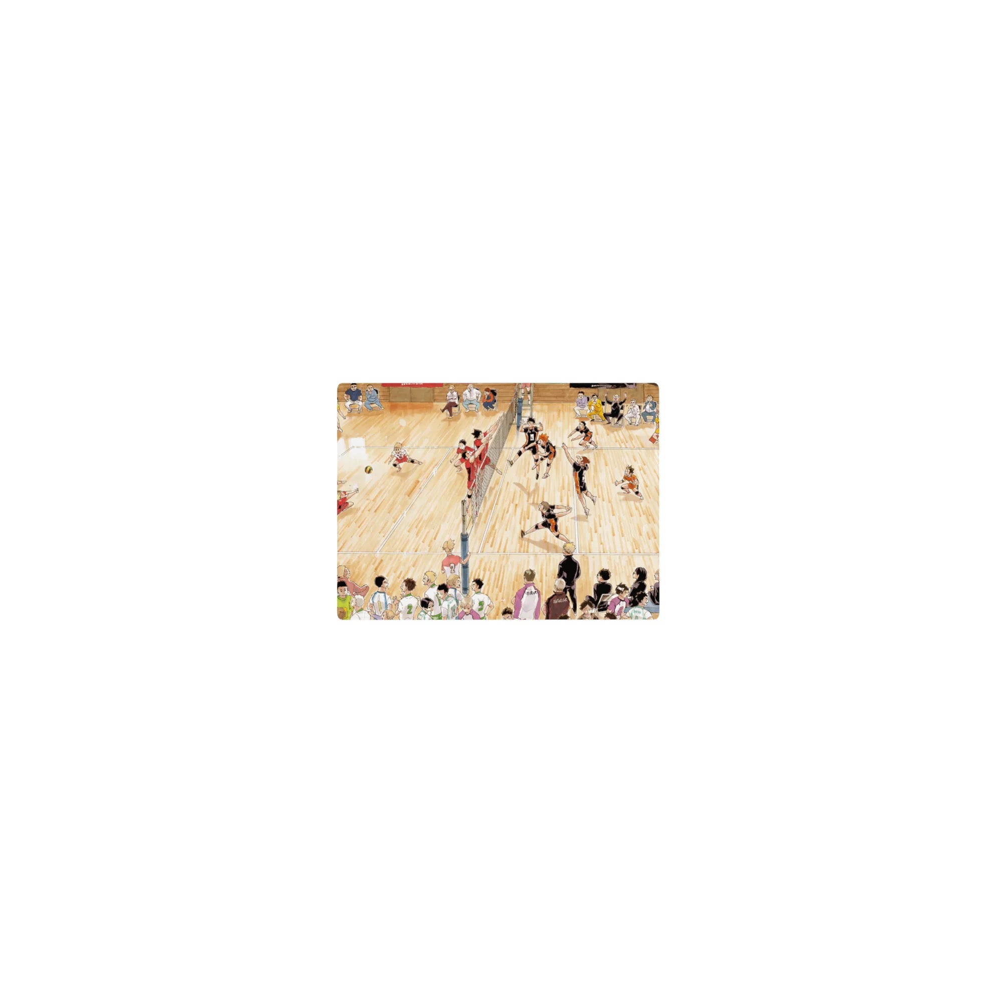 Classic anime volleyball match mouse pad 14x10 inches, full-court action with net and mid-air spike.