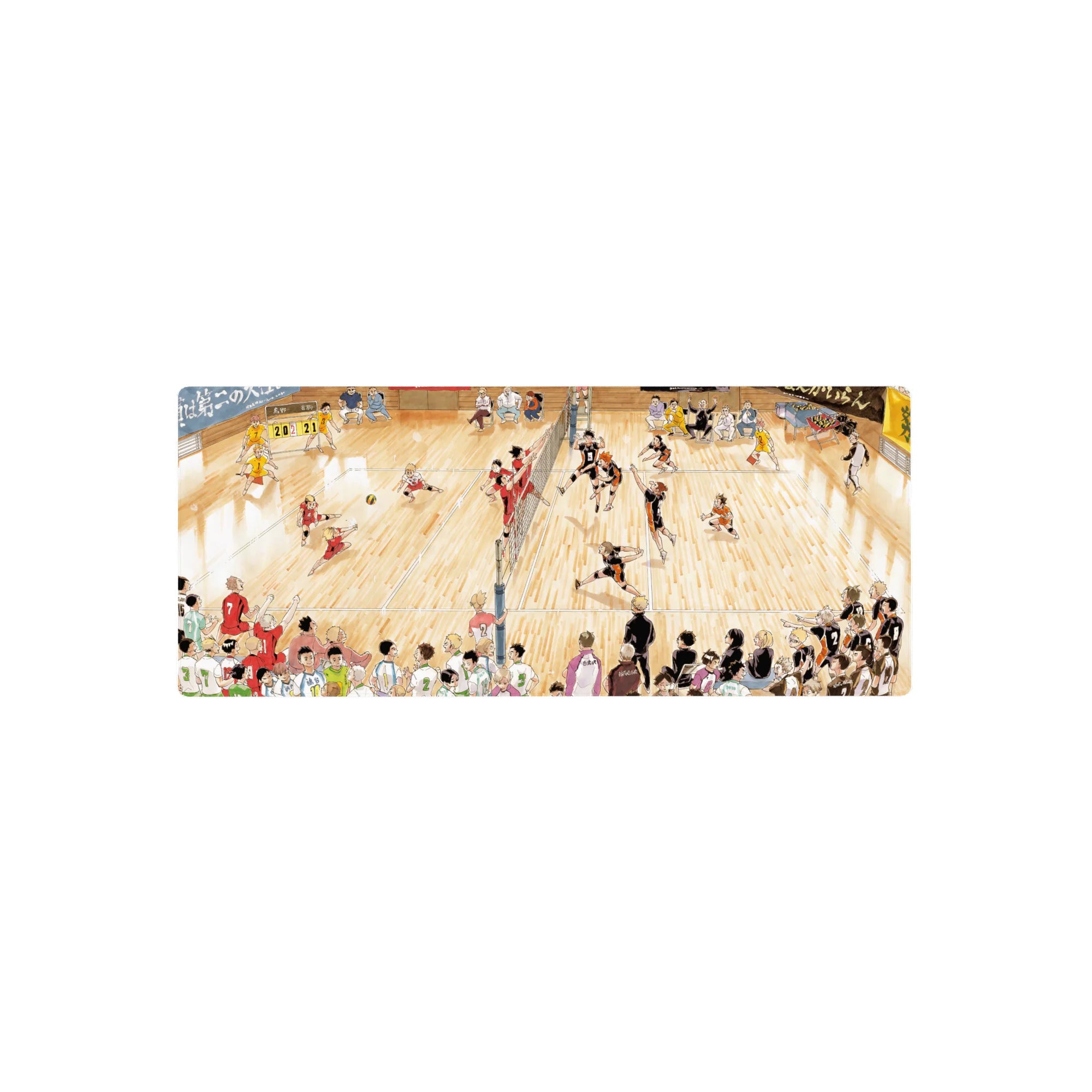 28x12 inches anime mouse pad featuring a full-court volleyball match, net split, spike mid-jump, 20-21 score.