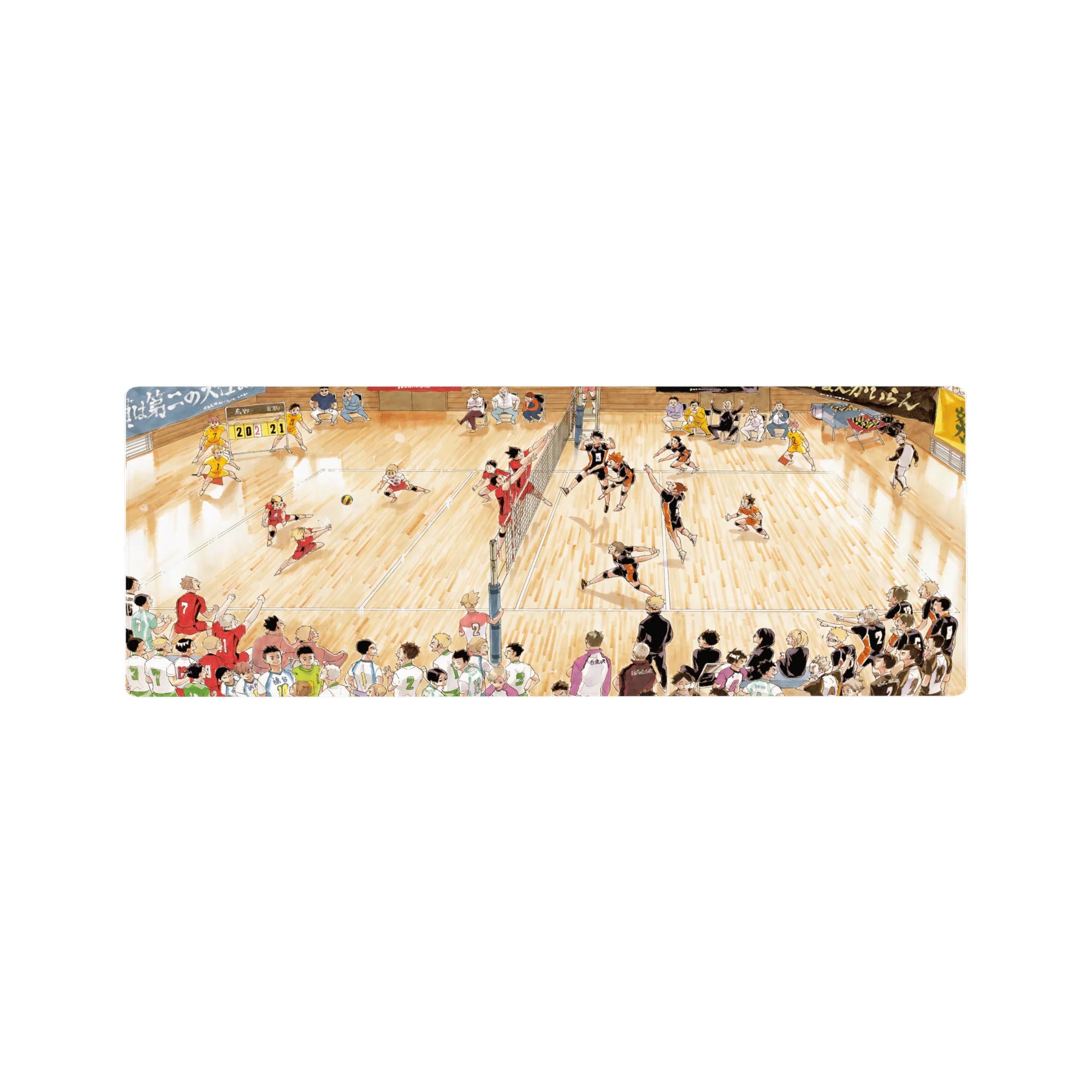 32x12 inches anime mouse pad with full-court volleyball match, net split, mid-jump spike, 20-21 scoreboard.