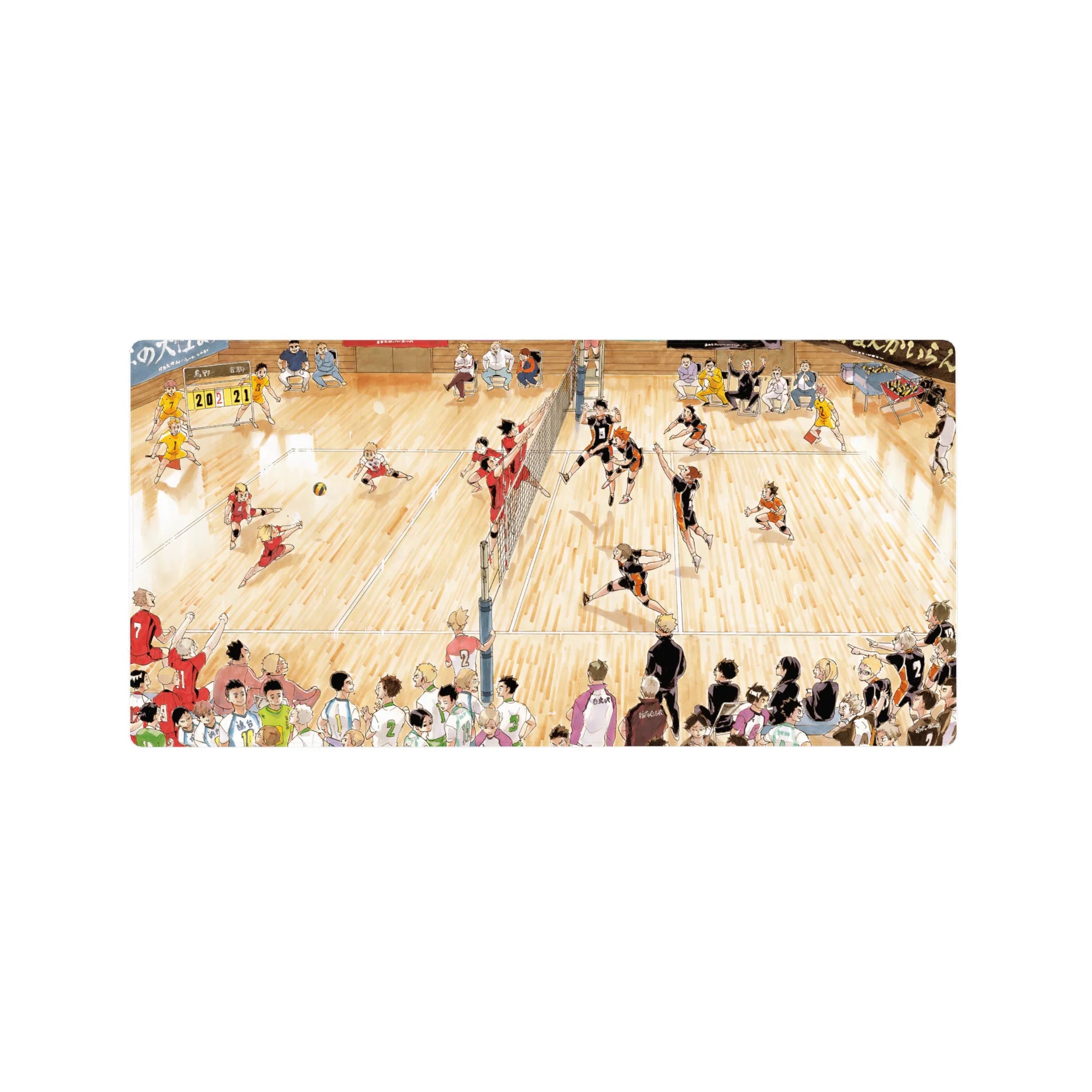 32x16 inches anime mouse pad with full-court volleyball match, net split, spike jump, scoreboard 20-21.