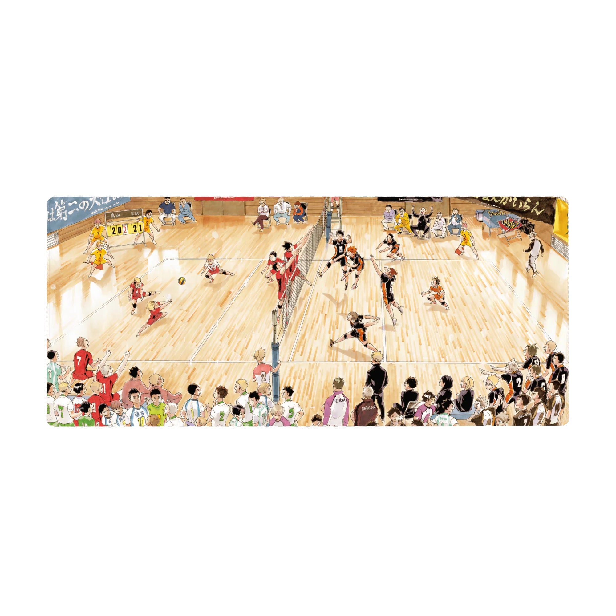 36x16 inches anime desk pad with full-court volleyball match, net center, players mid-jump, 20-21 score.