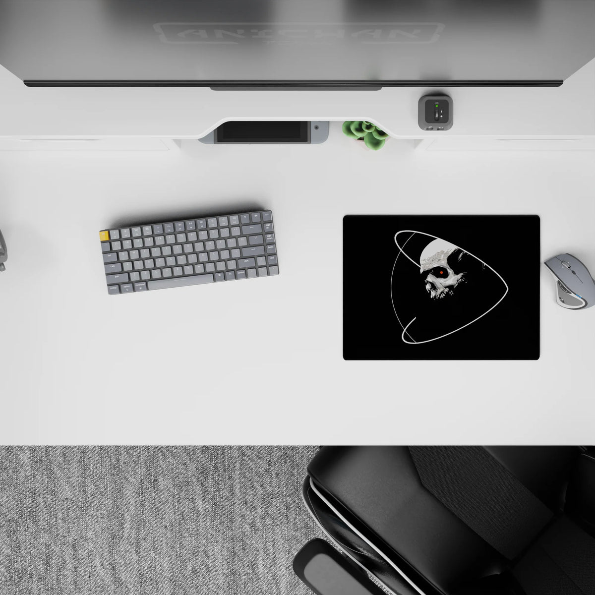 Black and white cosmic spooky vibe classic mouse pad with red eye accent, 14x10 inches.
