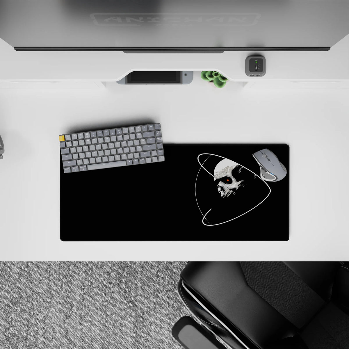 Cosmic spooky vibe in black and white with a sharp red eye accent mouse pad, 28x12 inches.