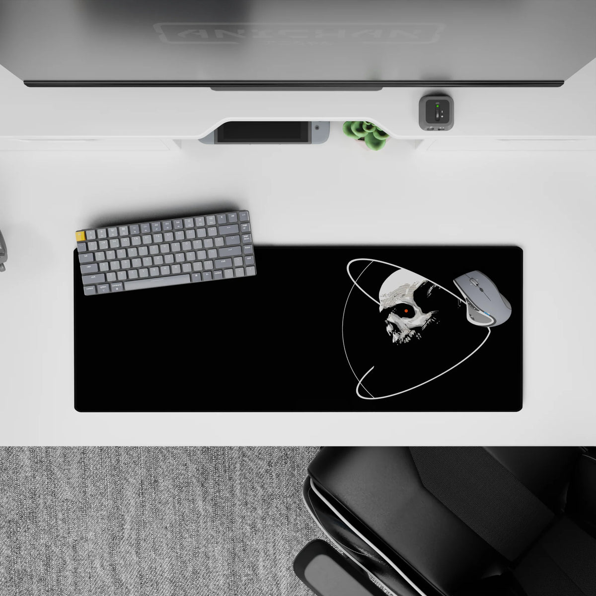Midnight black and crisp white spooky-cosmic mood mouse pad, 32x12 inches, with a striking red eye accent.