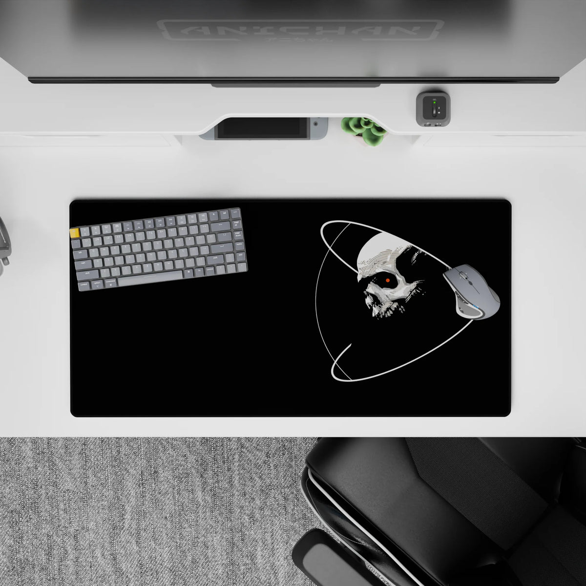 Midnight black and crisp white mouse pad, 32x16 inches, bold contrast with a red eye.