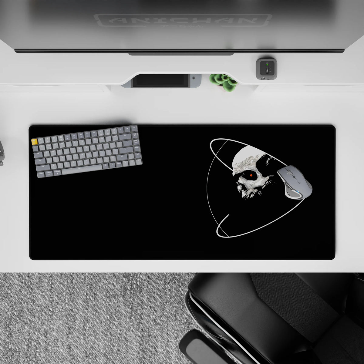Midnight black 36x16 inches desk pad with crisp white lines, moody contrast, and a spooky vibe.