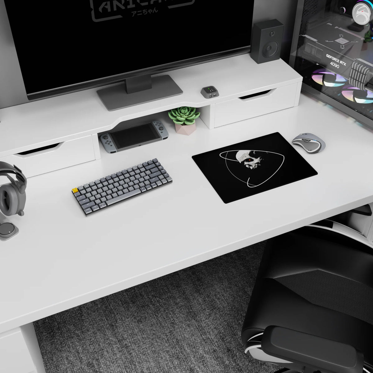 Skull floating in space with looping orbit rings classic mouse pad, 14x10 inches.