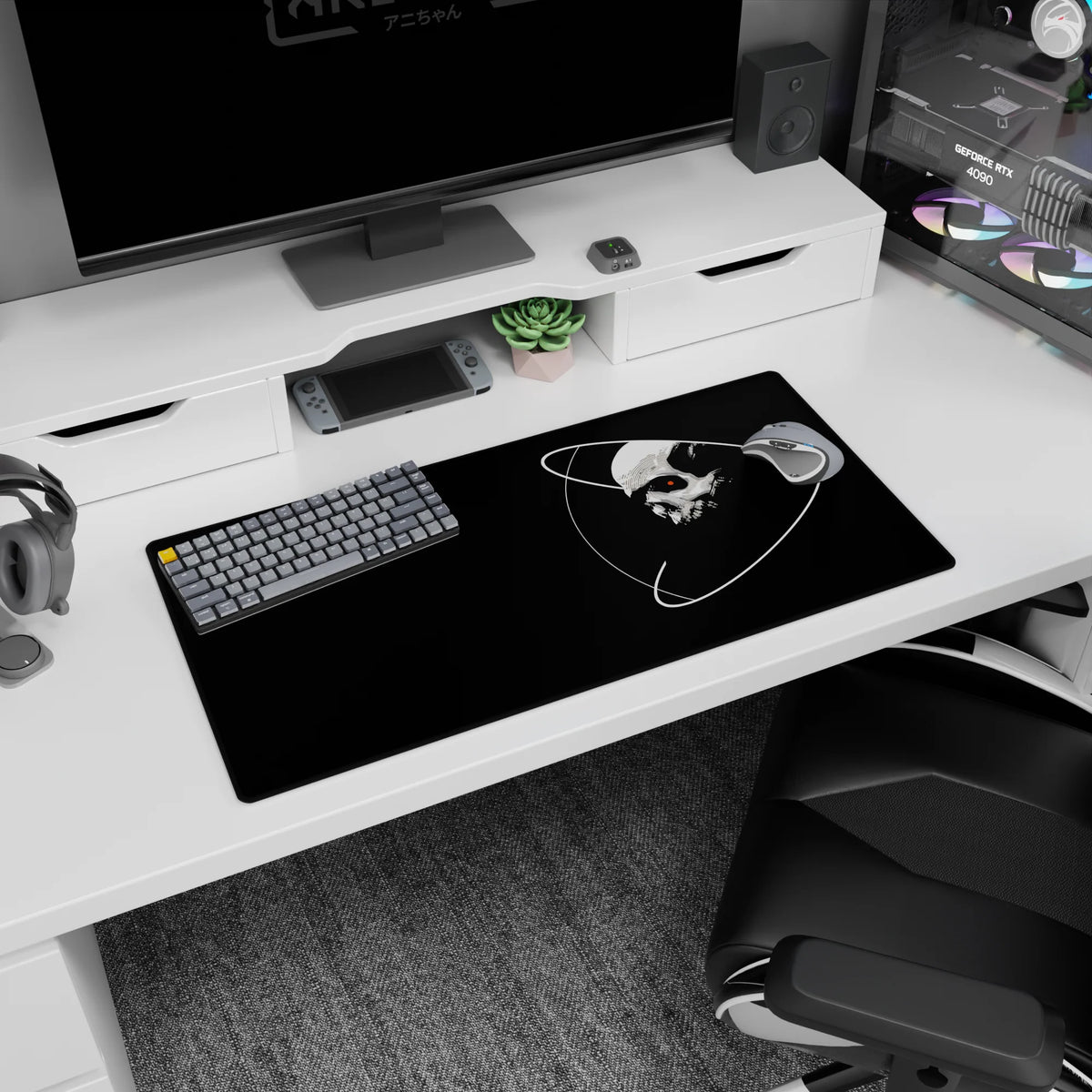 Floating skull with white orbital rings mouse pad, 32x16 inches, spooky space vibe.