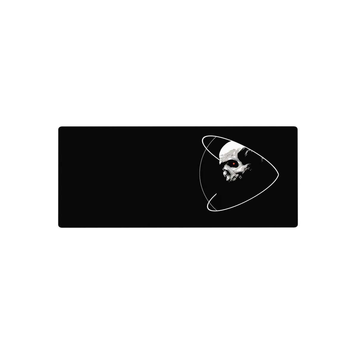 Midnight black skull with white orbit lines and red eye desk mouse pad, 28x12 inches.