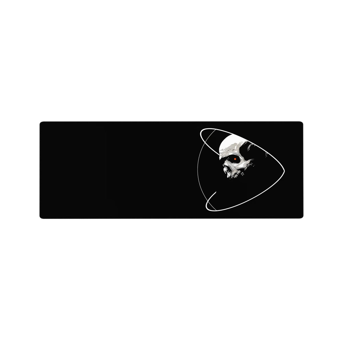 Skull and orbit-line cosmic desk mouse pad, 32x12 inches, sleek oversized surface for smooth tracking.