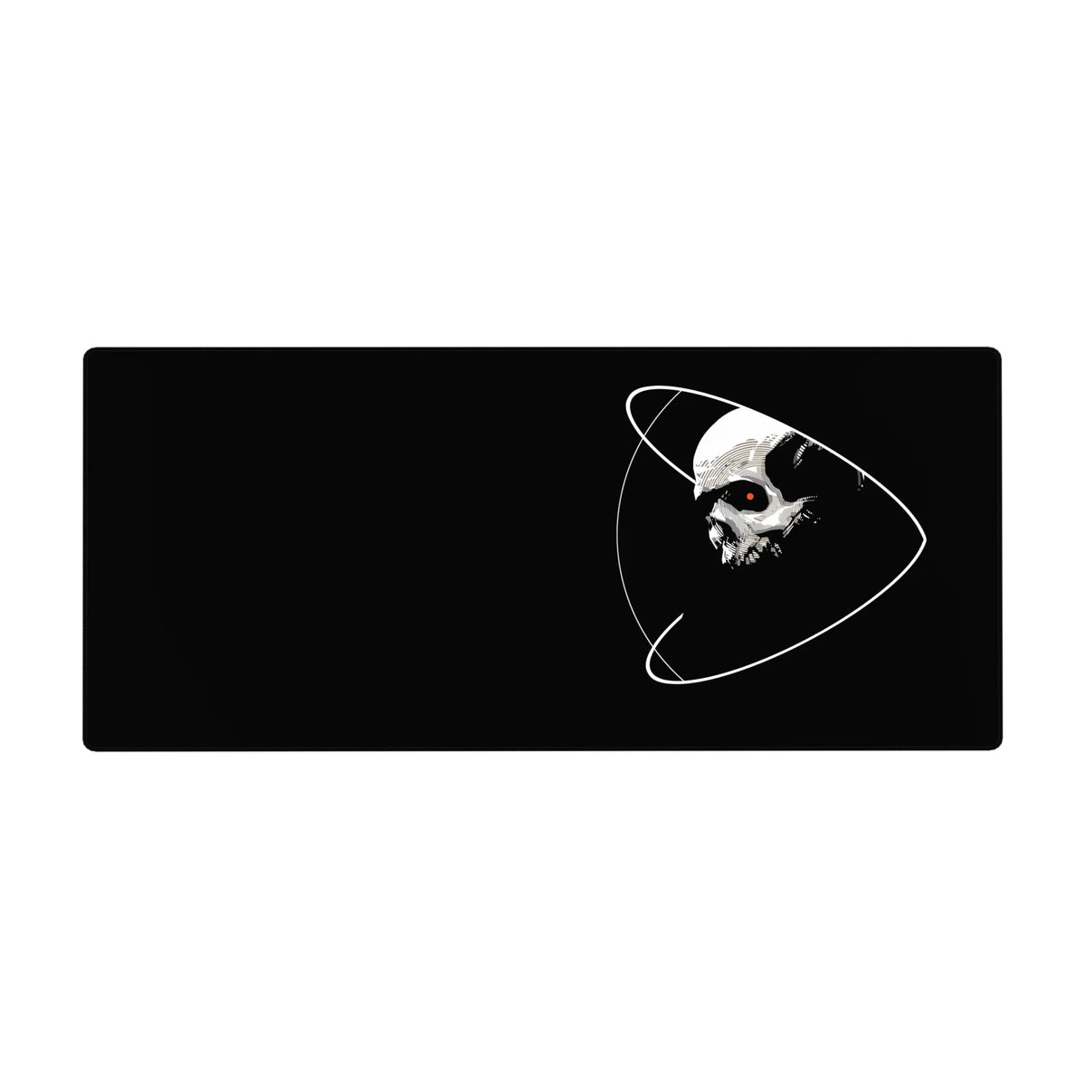 Cosmic skull desk pad with white orbit lines and a red eye, extended 36x16 inches.