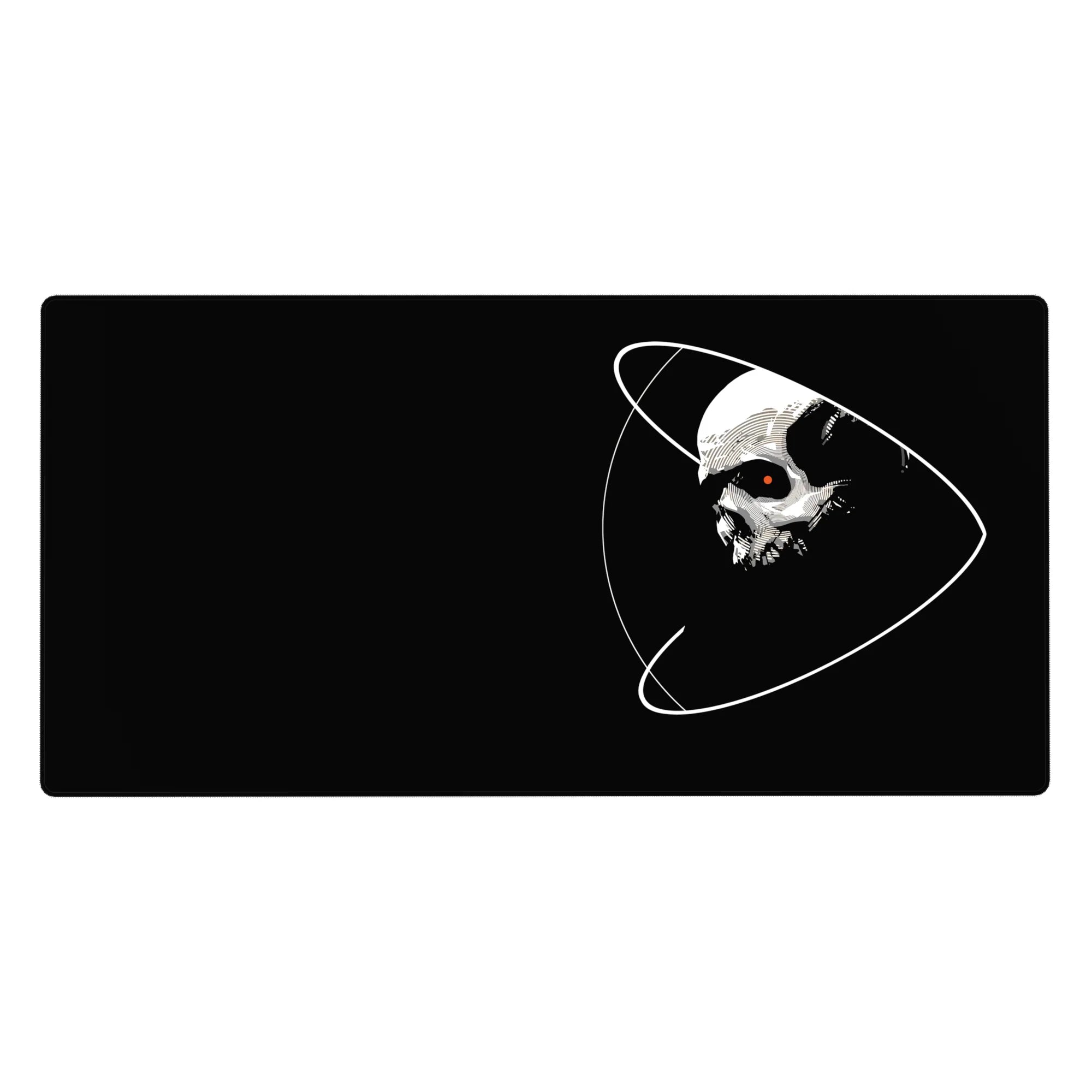 Skull with orbiting lines cosmic desk pad, 40x20 inches, smooth tracking and bold graphic style.