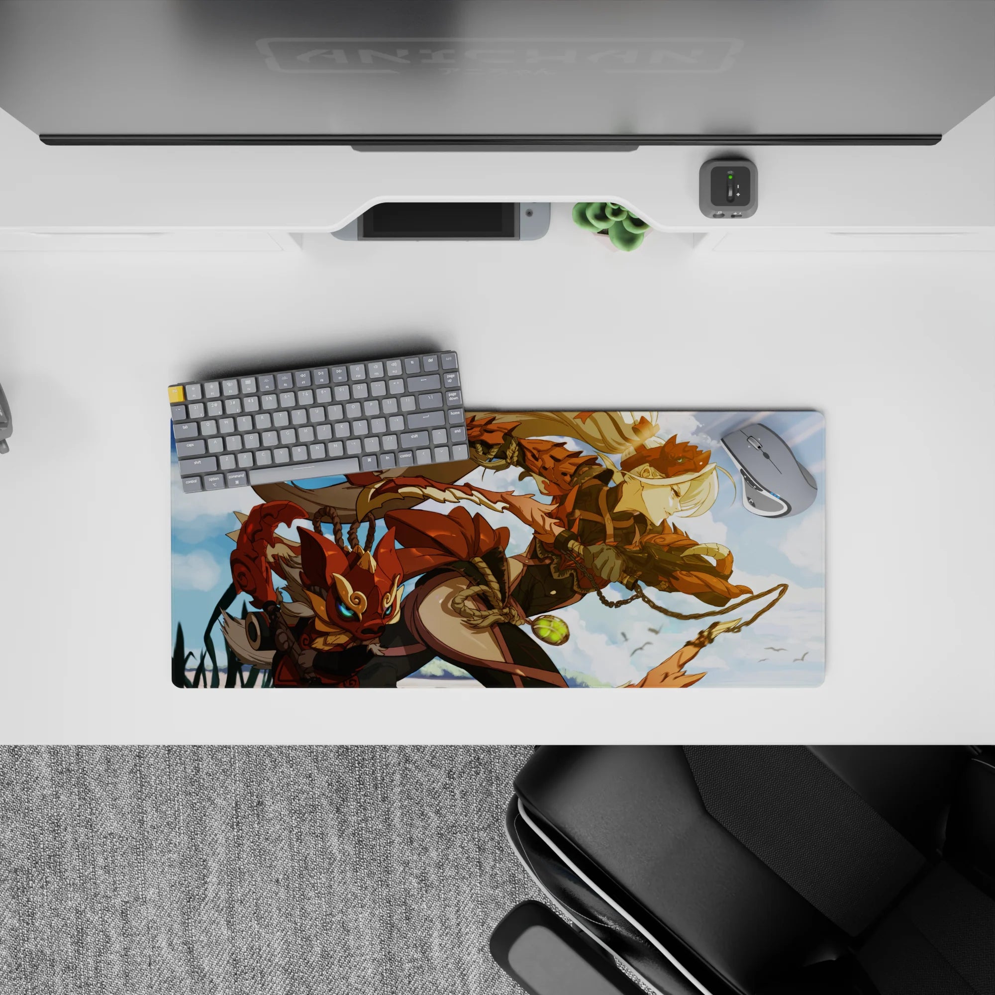 Anime girl mouse pad 28x12 inches in fiery orange and soft blue clouds, bold playful adventure mood.