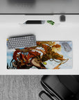 Anime girl mouse pad 28x12 inches in fiery orange and soft blue clouds, bold playful adventure mood.