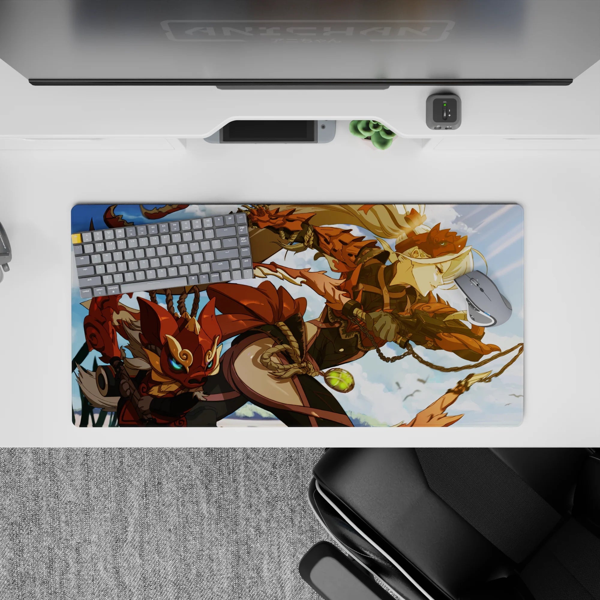 Anime girl mouse pad 32x16 inches in fiery orange and soft blue tones with a bright, adventurous vibe.