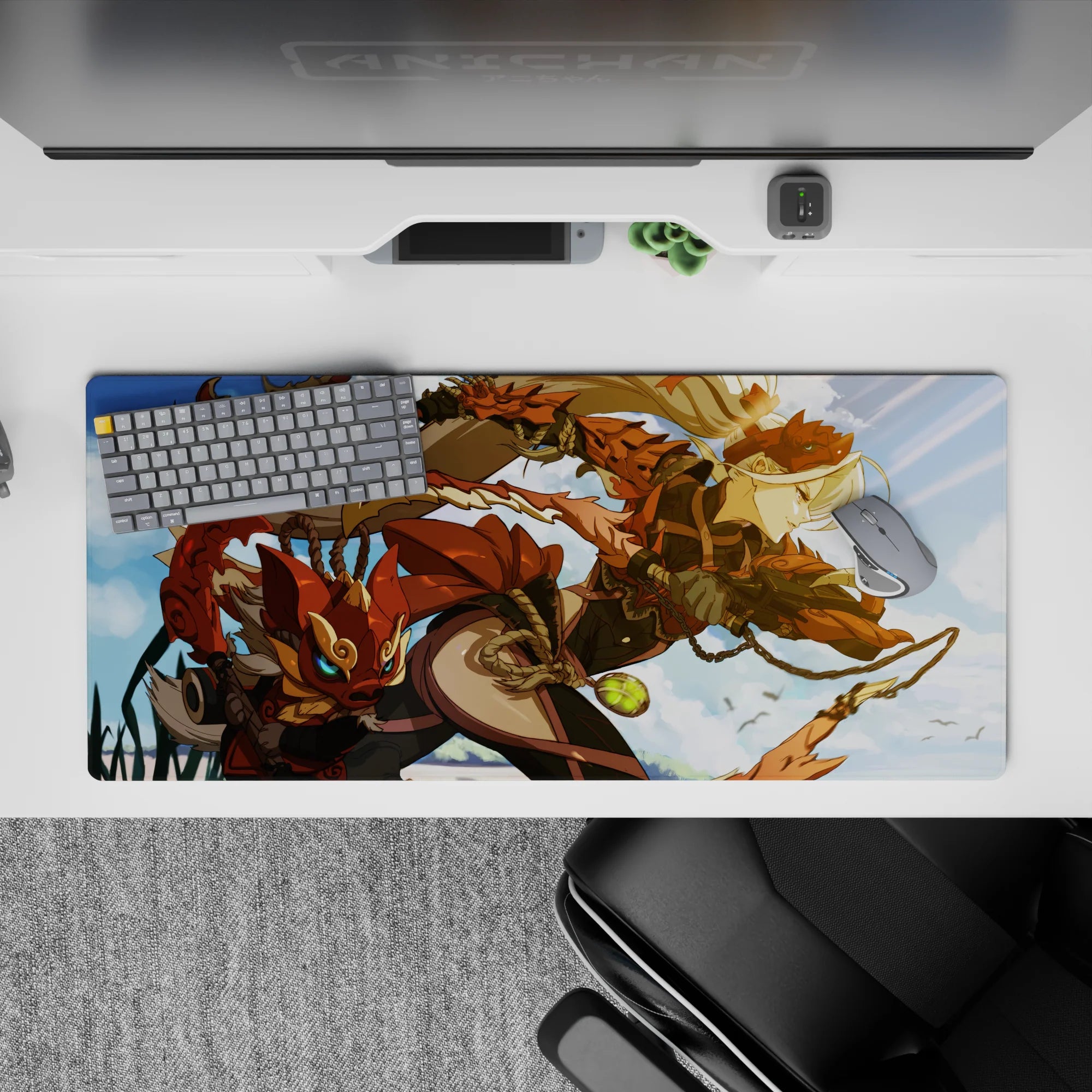 Bold anime girl desk pad 36x16 inches in fiery orange and soft blue clouds, playful adventure vibe.