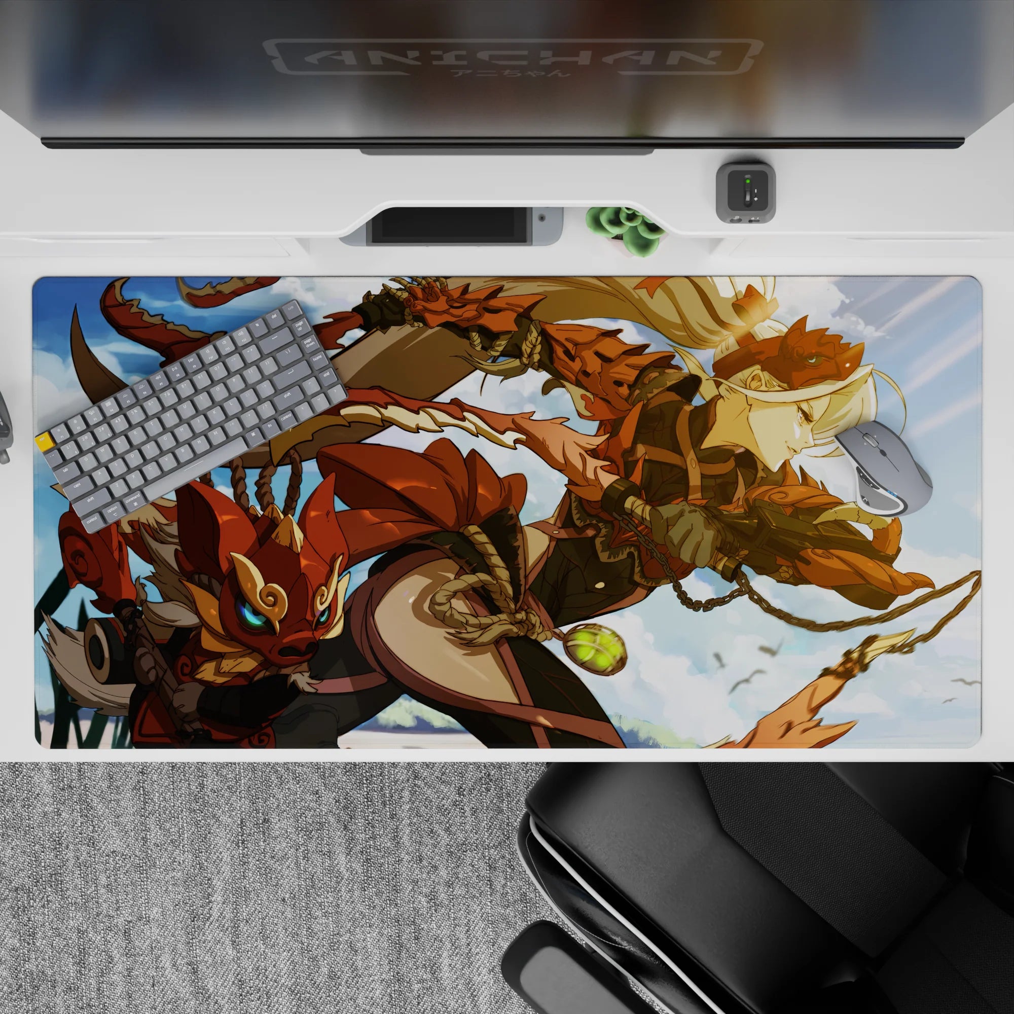 40x20 inches anime girl desk pad in fiery oranges and soft blues, sunlit clouds, bold playful vibe.