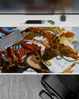 40x20 inches anime girl desk pad in fiery oranges and soft blues, sunlit clouds, bold playful vibe.