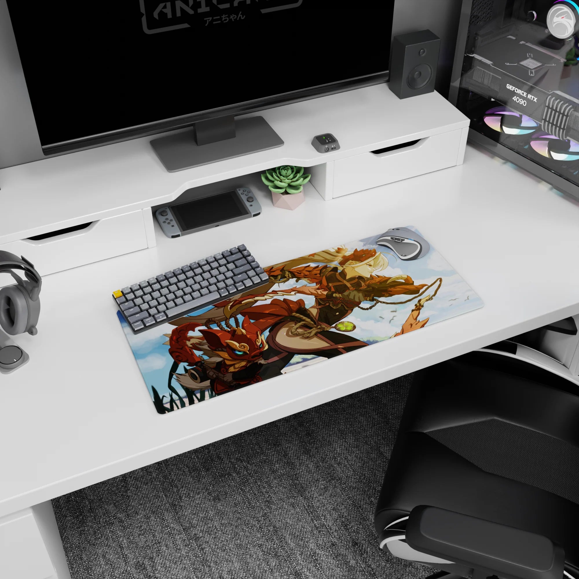 Anime girl mouse pad 28x12 inches featuring a bronze-armored heroine in sunlit clouds with fox mask sidekick.