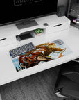 Anime girl mouse pad 28x12 inches featuring a bronze-armored heroine in sunlit clouds with fox mask sidekick.