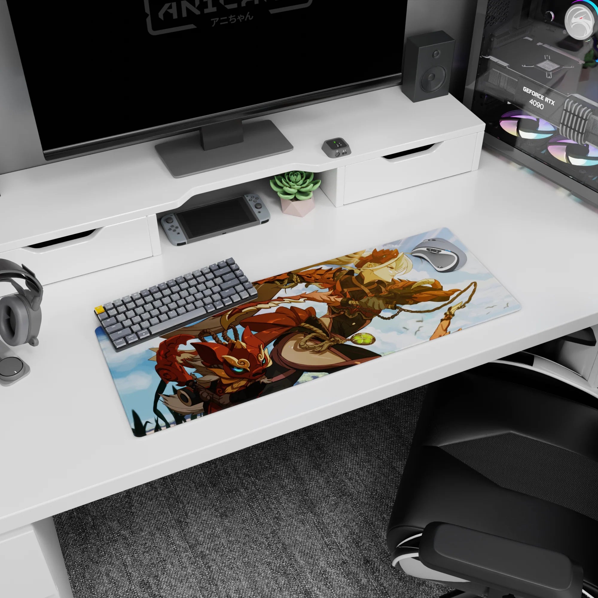 Anime girl mouse pad 32x12 inches featuring a bronze-armored anime heroine in clouds with a sly fox mask.