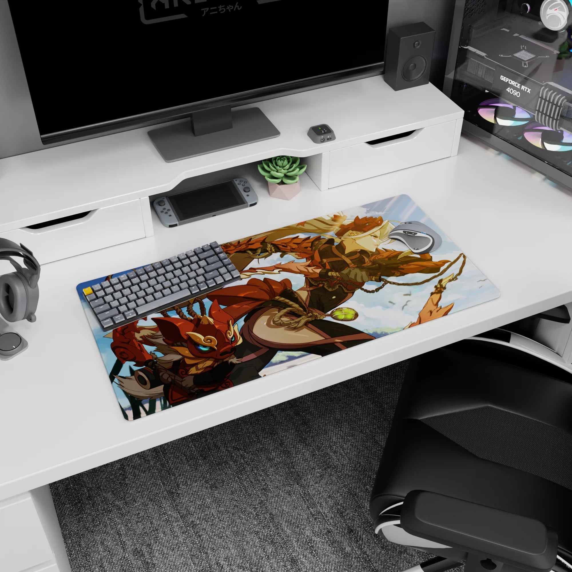 Anime girl mouse pad 32x16 inches showing an armored anime girl in sunlit clouds beside a sly fox mask.