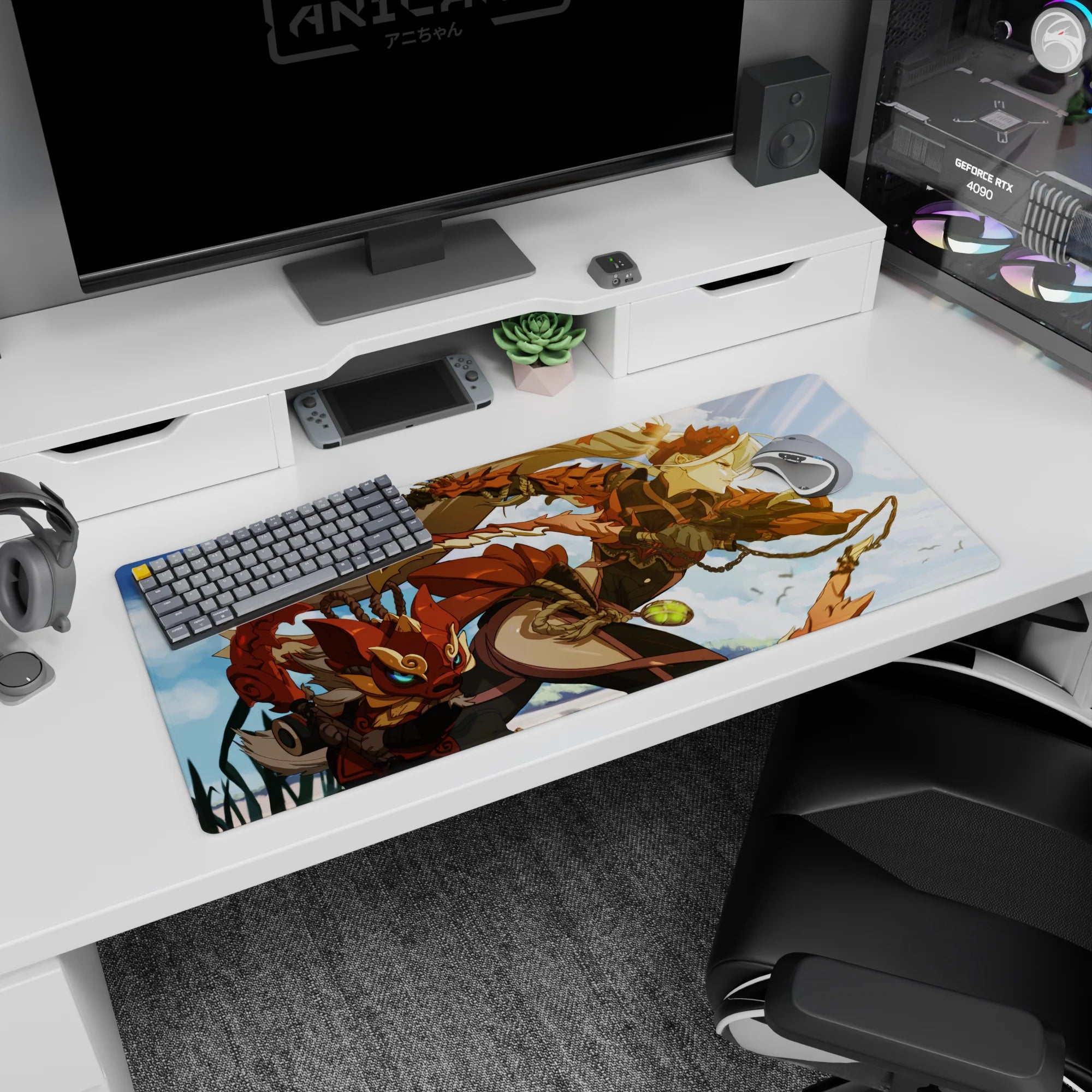 Anime girl desk pad 36x16 inches showing a bronze-armored heroine in sunlit clouds with a sly fox mask.