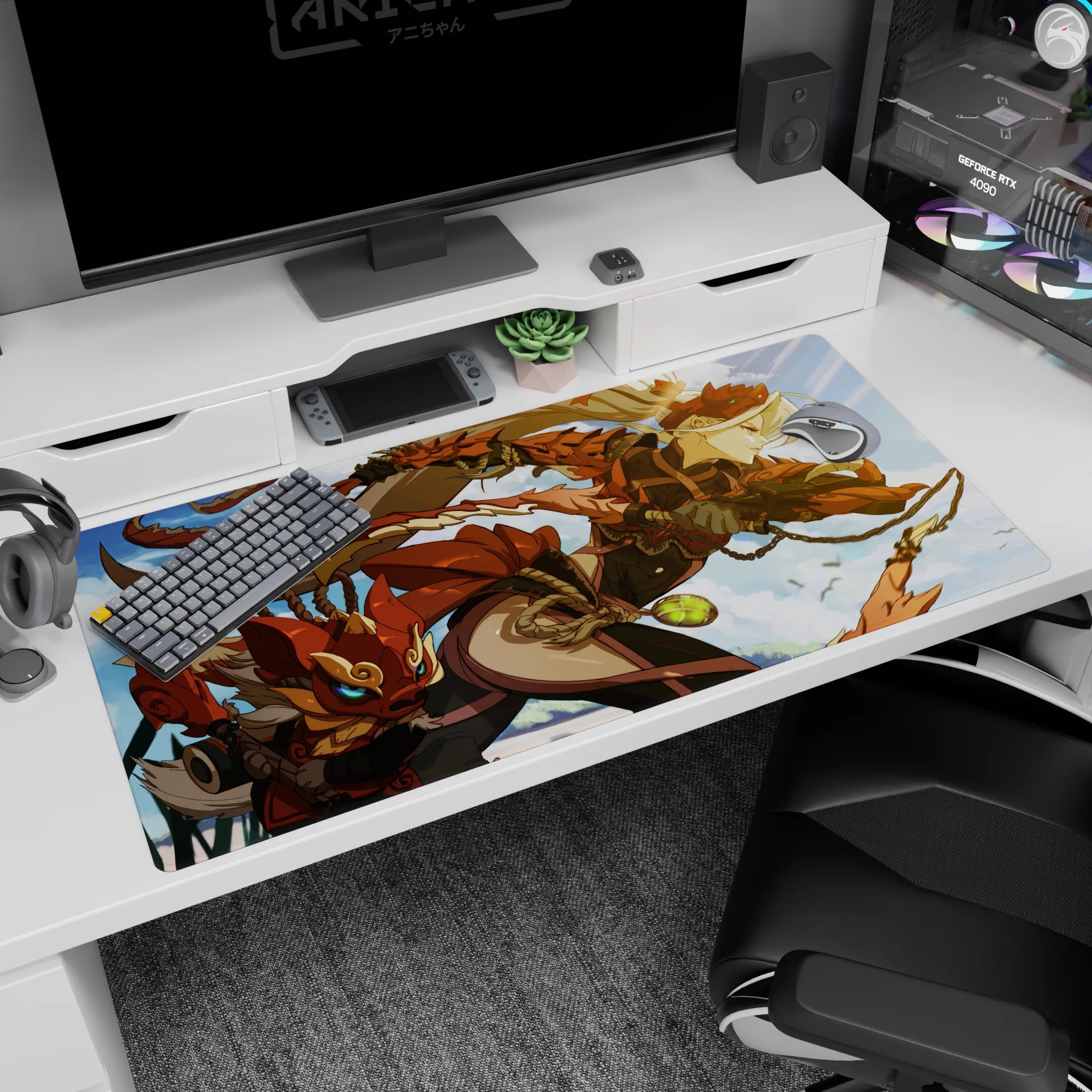 40x20 inches anime girl desk pad showing airborne warrior girl above clouds with a sly fox mask sidekick.