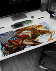 40x20 inches anime girl desk pad showing airborne warrior girl above clouds with a sly fox mask sidekick.