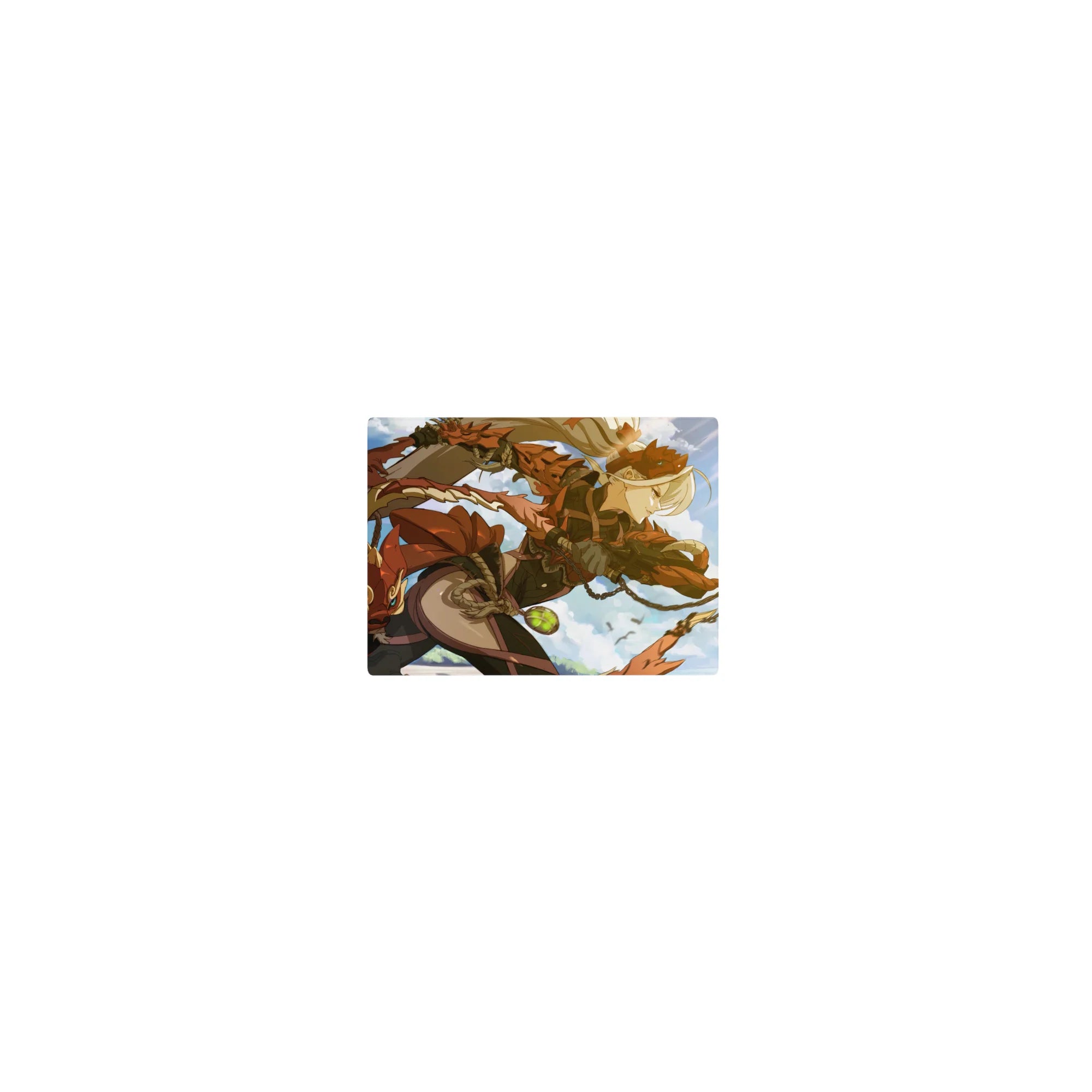 Classic anime girl mouse pad 14x10 inches with sky-hero artwork, bronze armor, and fox mask companion.