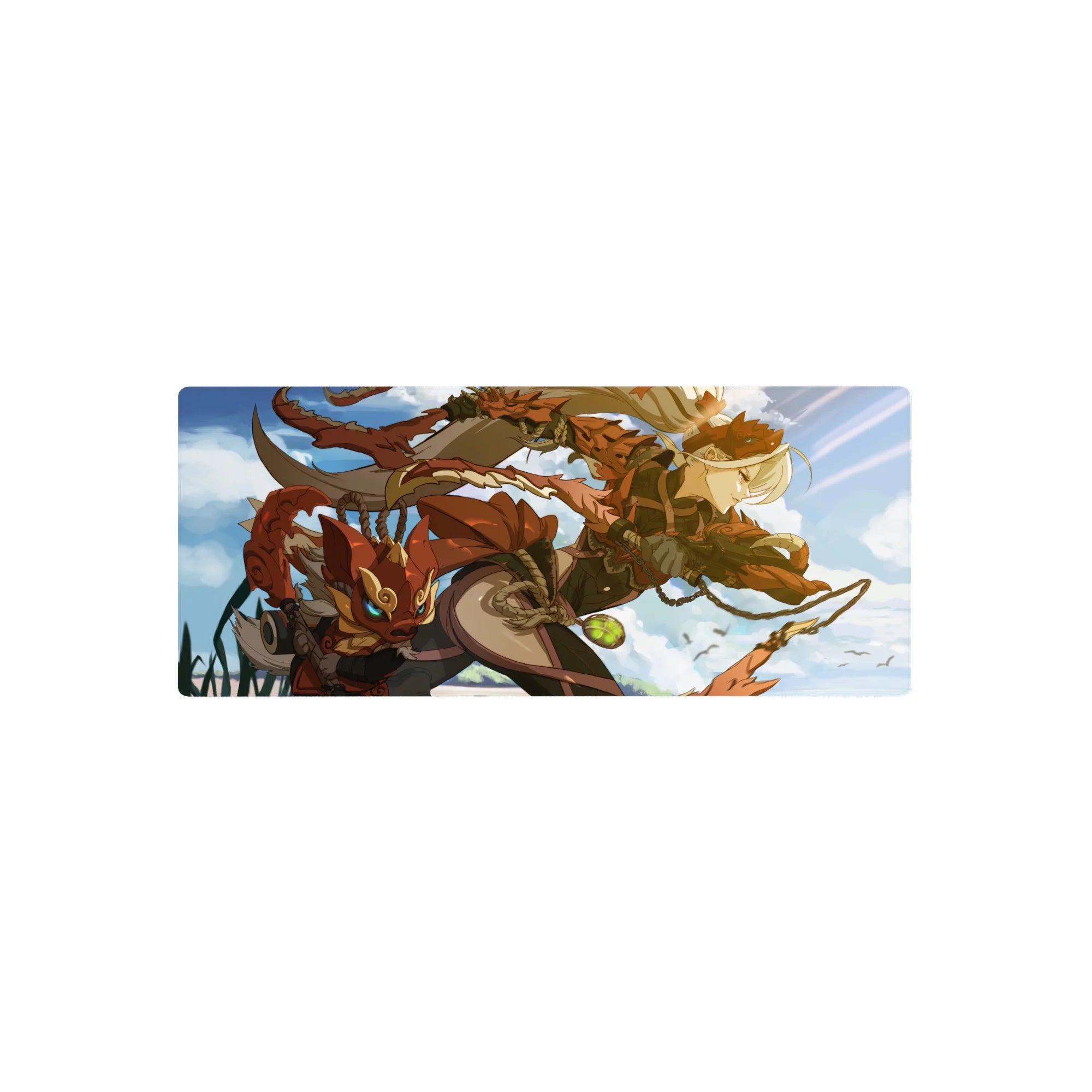 Anime girl mouse pad 28x12 inches with sky hero art, bronze armor, and a fox mask companion.