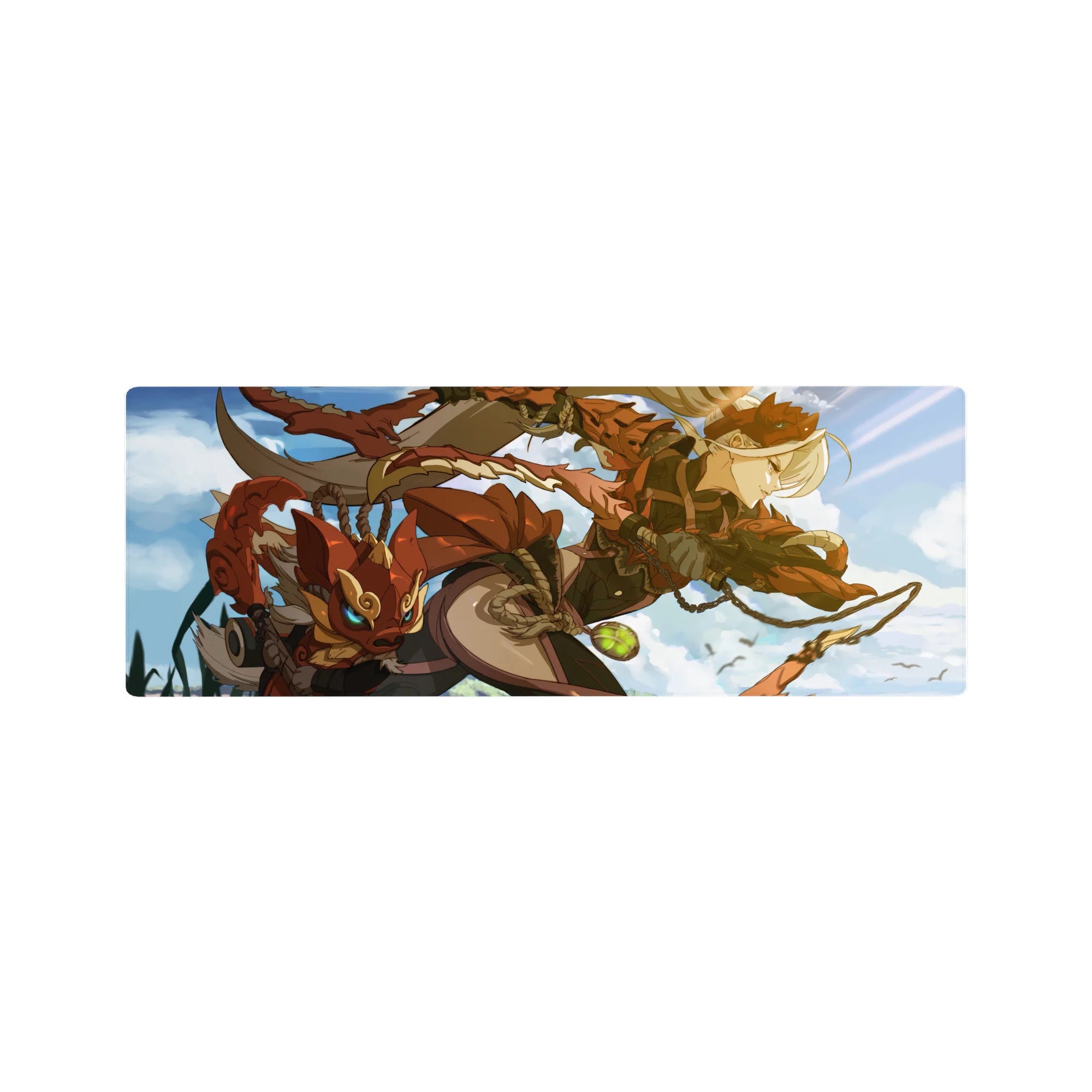 Anime girl mouse pad 32x12 inches with sky-hero artwork, bronze armor, and fox mask companion.