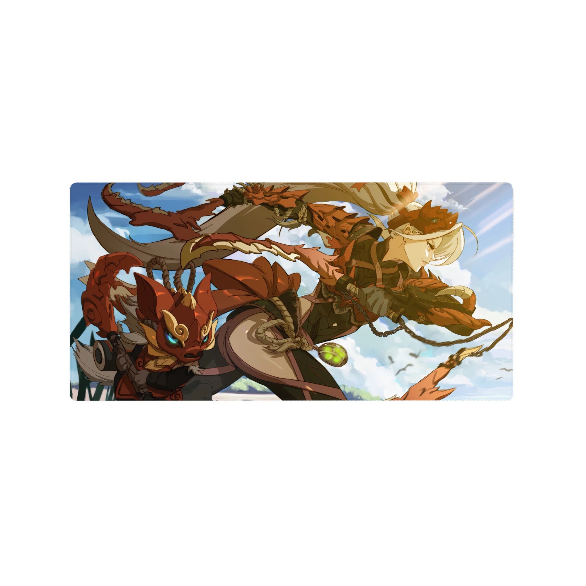 Anime girl mouse pad 32x16 inches with sky hero artwork, bronze armor, and a fox mask companion.