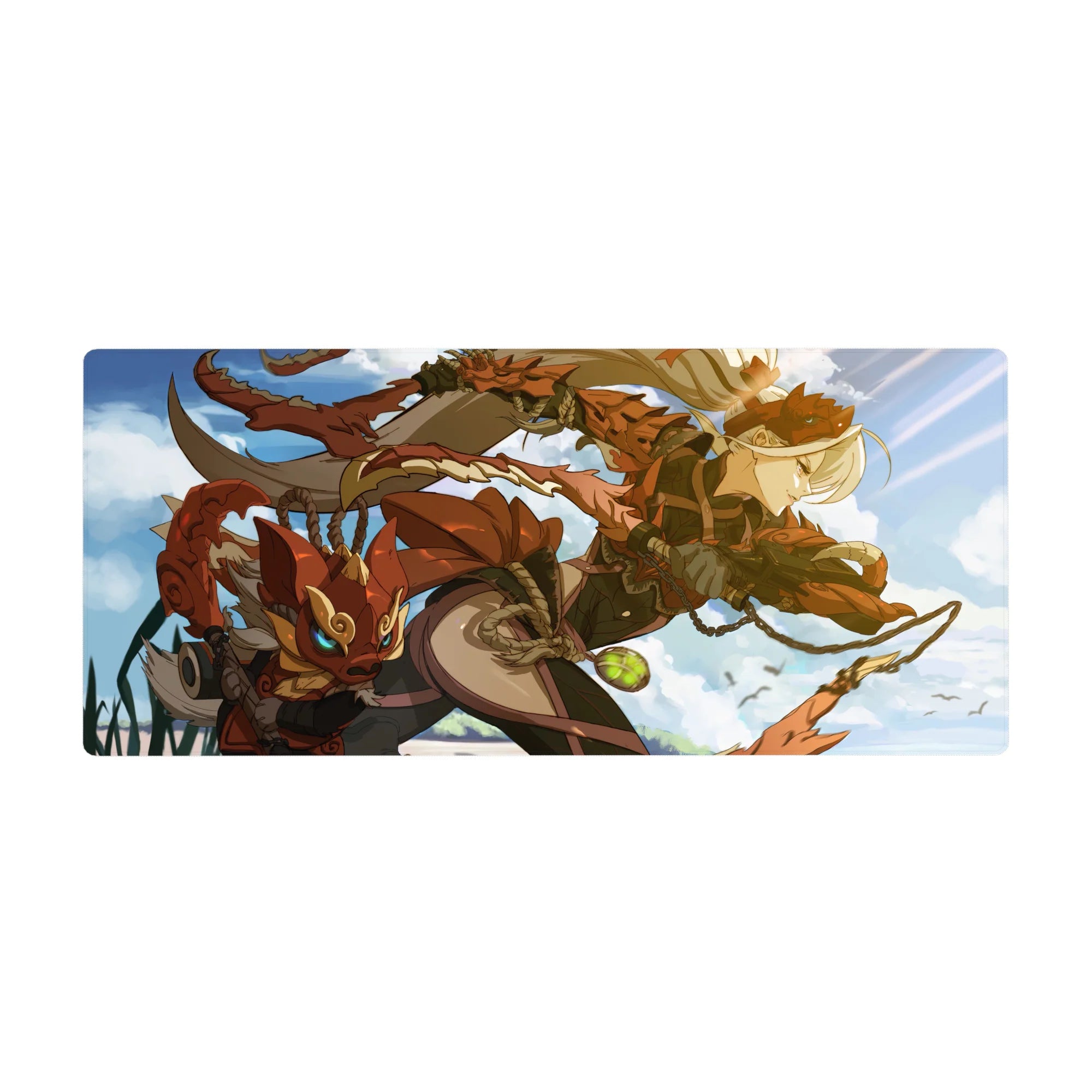 Anime girl desk pad 36x16 inches with sky-born hero art, bronze armor, and fox mask companion.