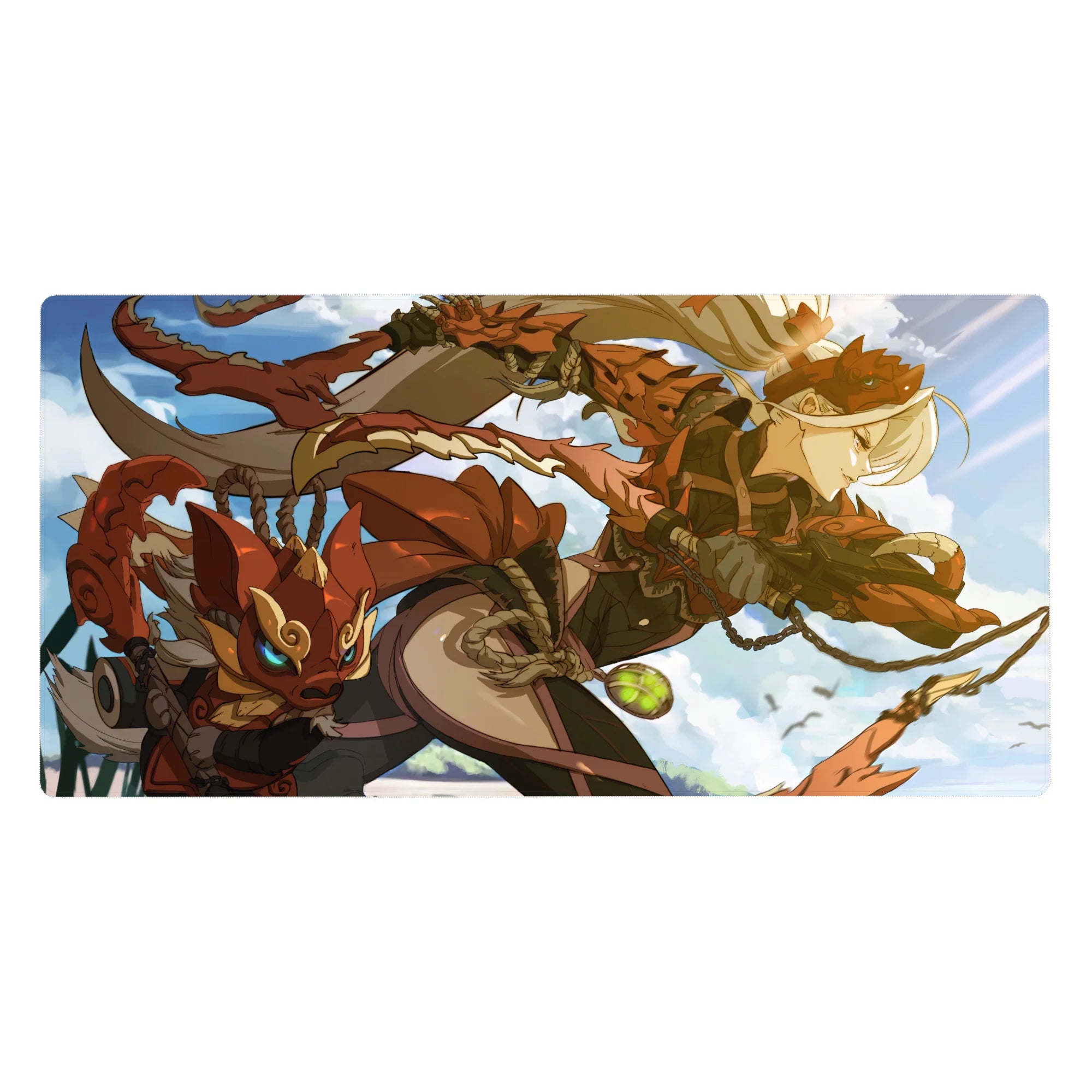 40x20 inches anime girl desk pad with sky hero in bronze armor and fox mask companion, crisp linework.