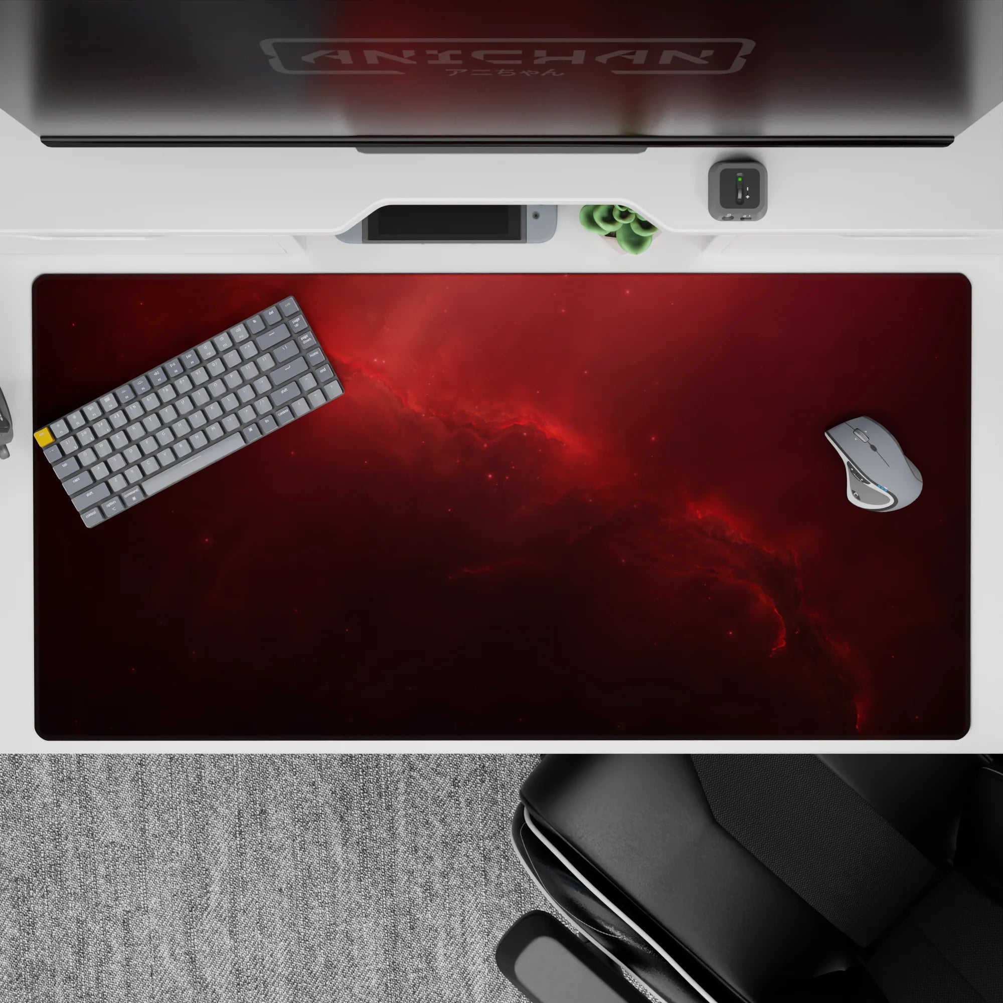 Moody crimson-to-black desk pad, 40x20 inches, calming space vibe with soft clouds and warm sci-fi feel.