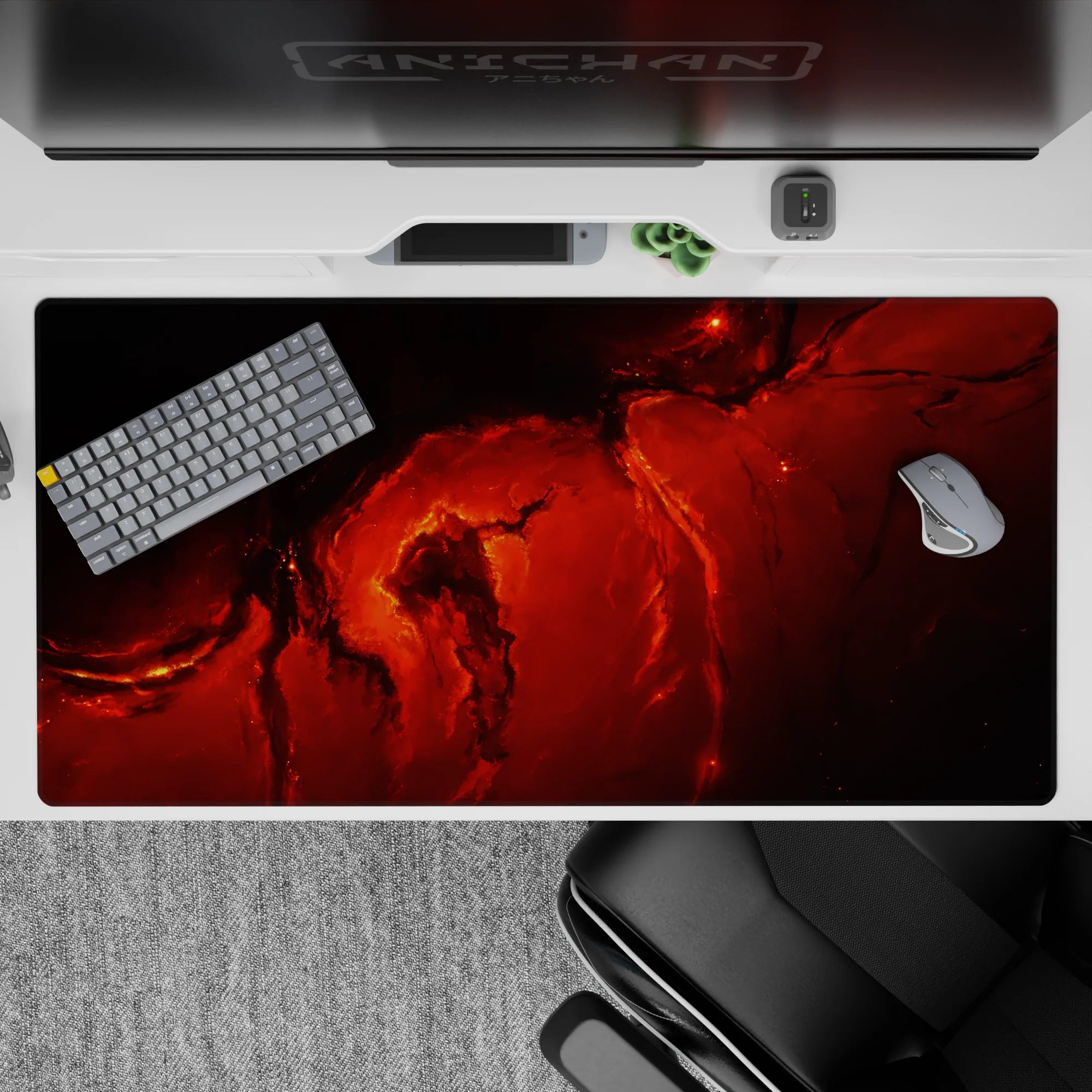 Crimson and ember orange desk pad, 40x20 inches, warm smoky mood for work and late-night gaming.
