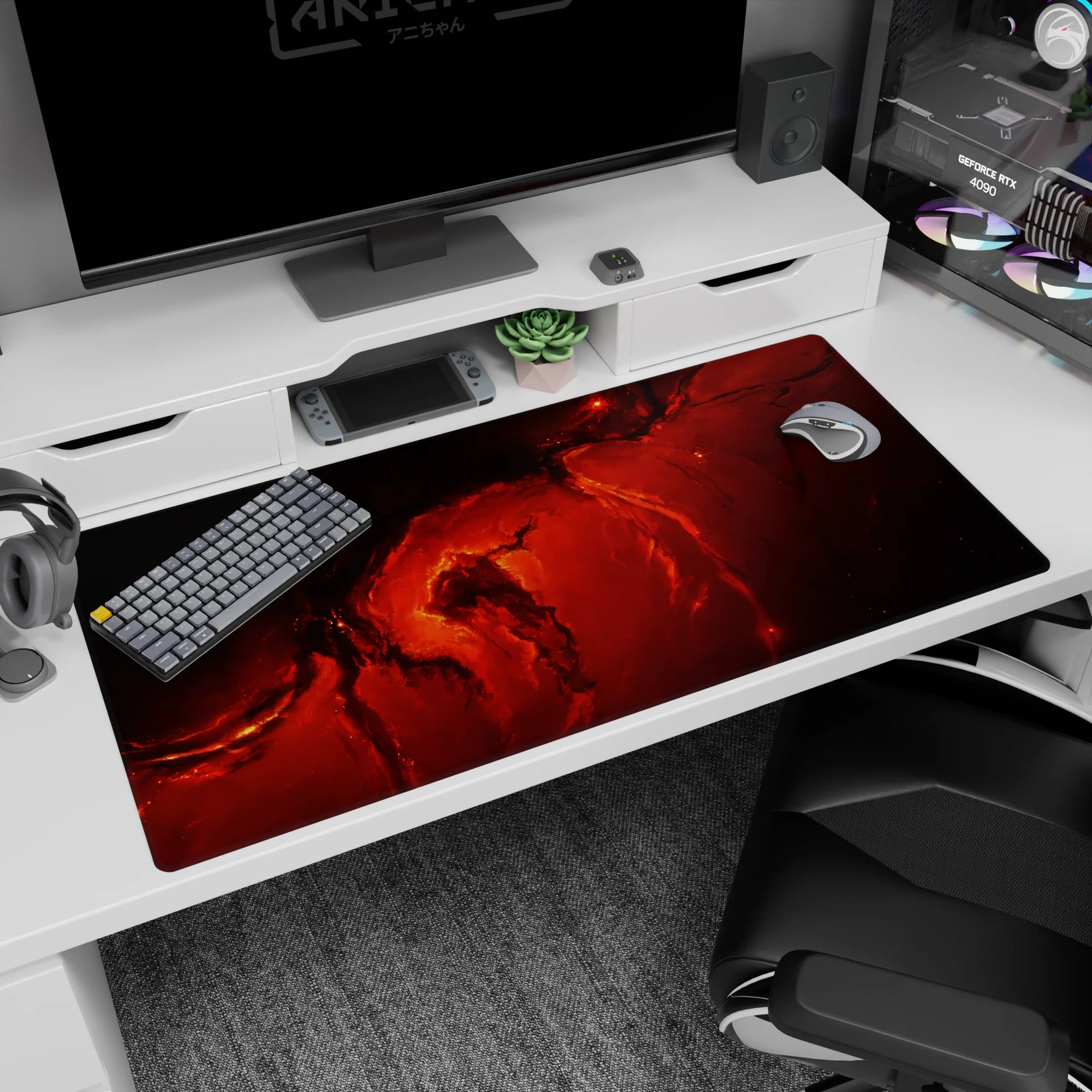 Molten river swirl scene desk pad, 40x20 inches, marbled lava-like streaks across a dark backdrop.