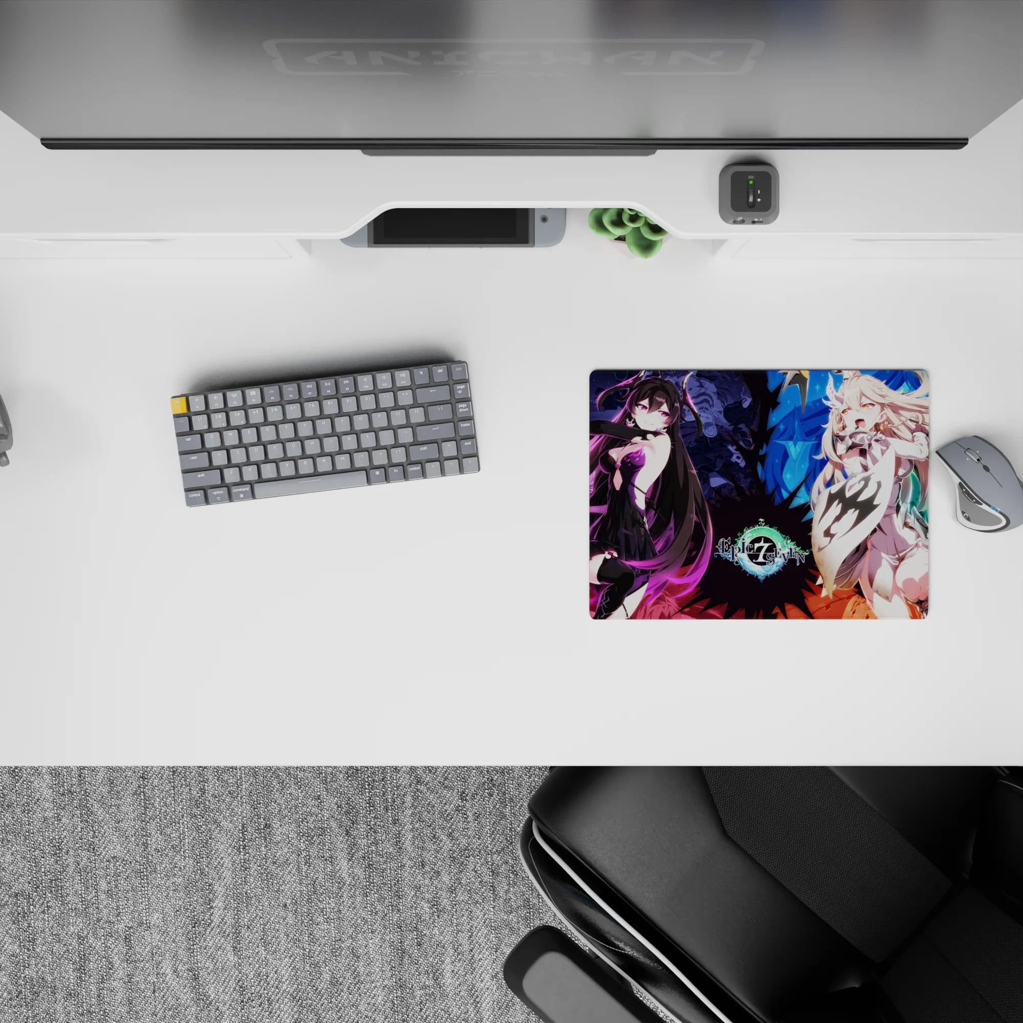 Neon violet vs icy blue classic anime girl mouse pad 14x10 inches, dramatic sparkle and chaos vibe.