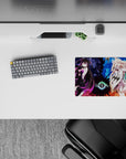 Neon violet vs icy blue classic anime girl mouse pad 14x10 inches, dramatic sparkle and chaos vibe.