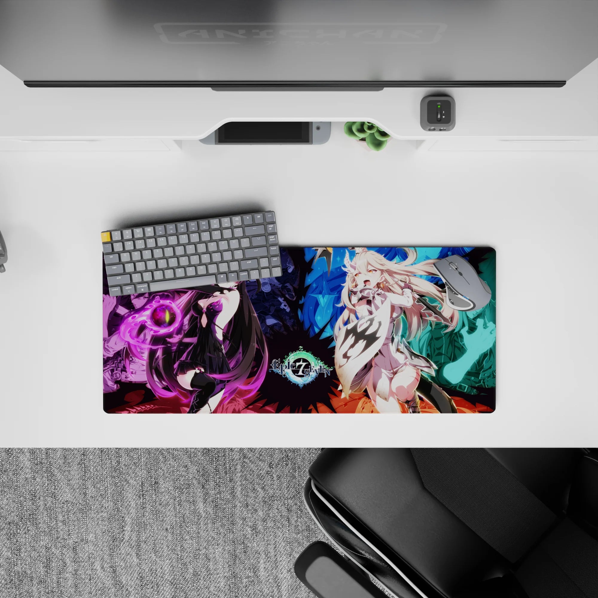 Violet vs icy blue anime mouse pad 28x12 inches with sparkling crystals, dramatic magical energy, cozy vibe.
