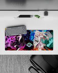 Violet vs icy blue anime mouse pad 28x12 inches with sparkling crystals, dramatic magical energy, cozy vibe.